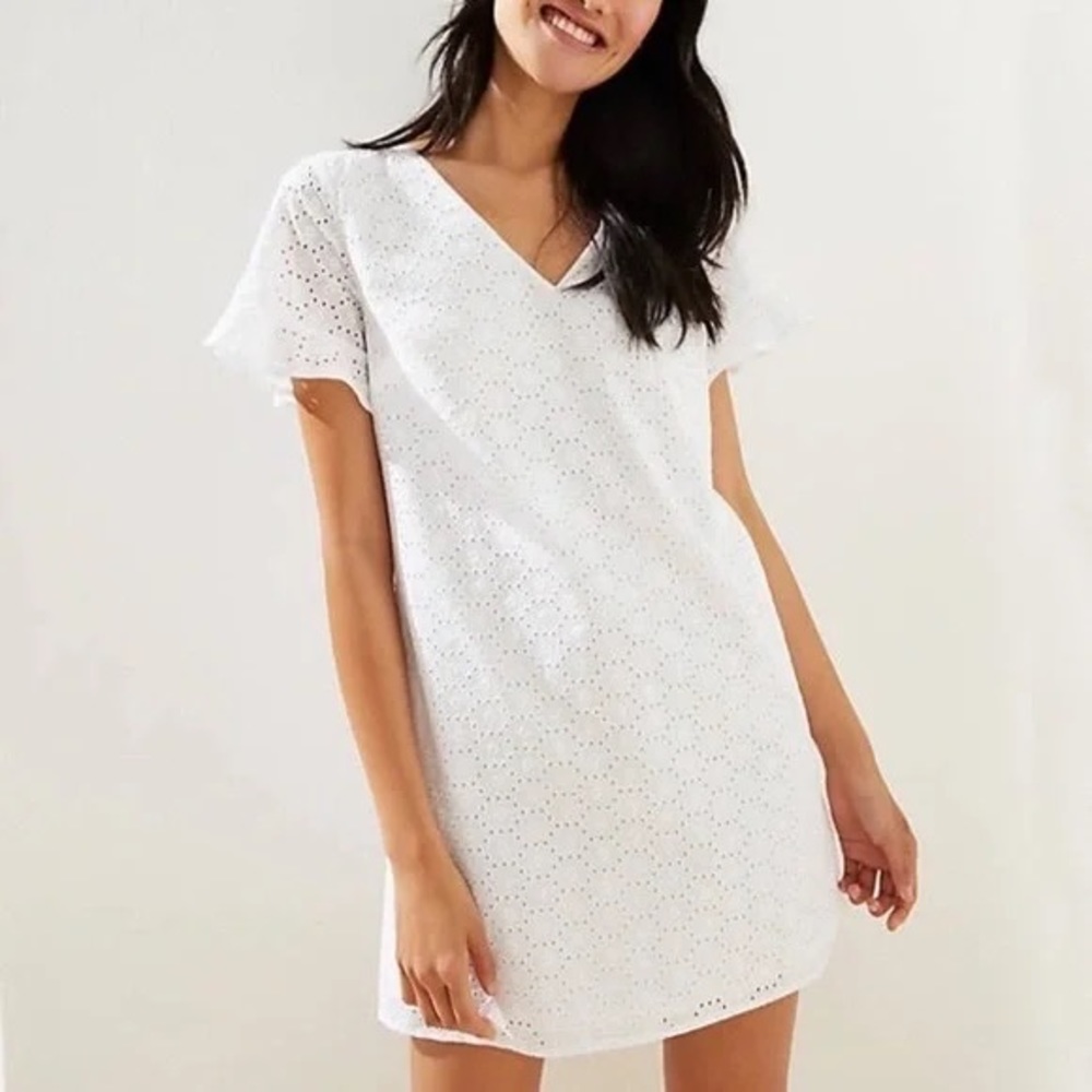LOFT White Eyelet V-Neck Mini Lace Shift Dress size 0P Petites